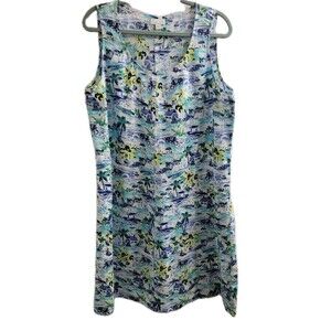 J. Jill Love Linen Sleeveless Tropical Coastal Print Dress Size L 100% Linen